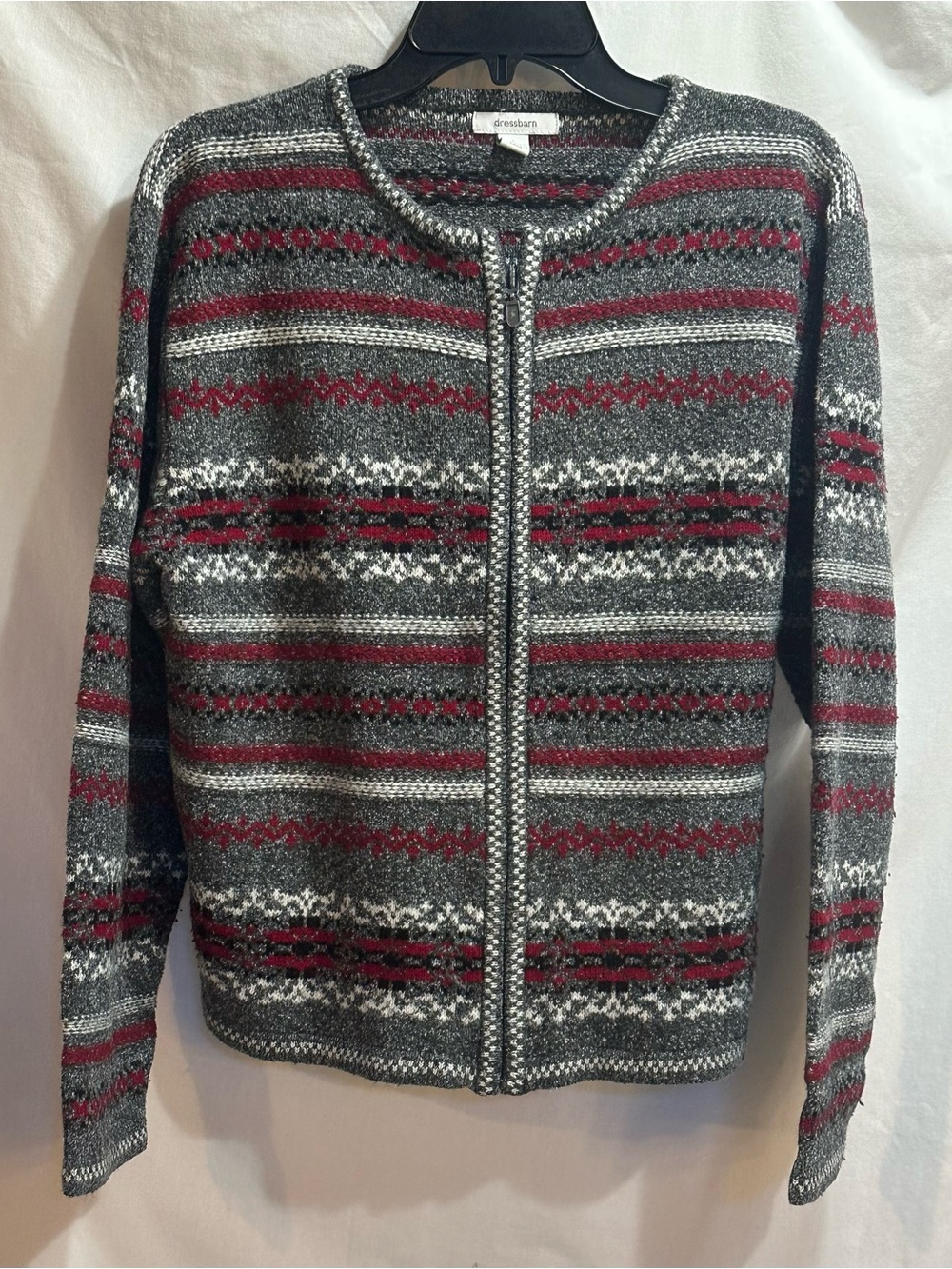 dressbarn Gray and Burgundy Fair Isle Zip Cardigan
